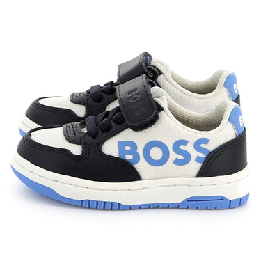 BOSS Tenis para niño chico sin agujetas color blanco, ajustable con velcro y logo BOSS al costado